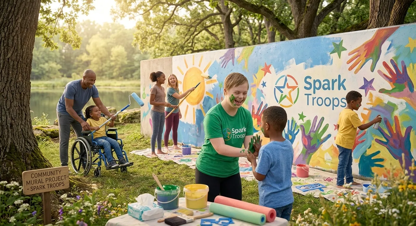 Volunteers and children painting a community mural of handprints and stars beside a lake, one child painting from a wheelchair