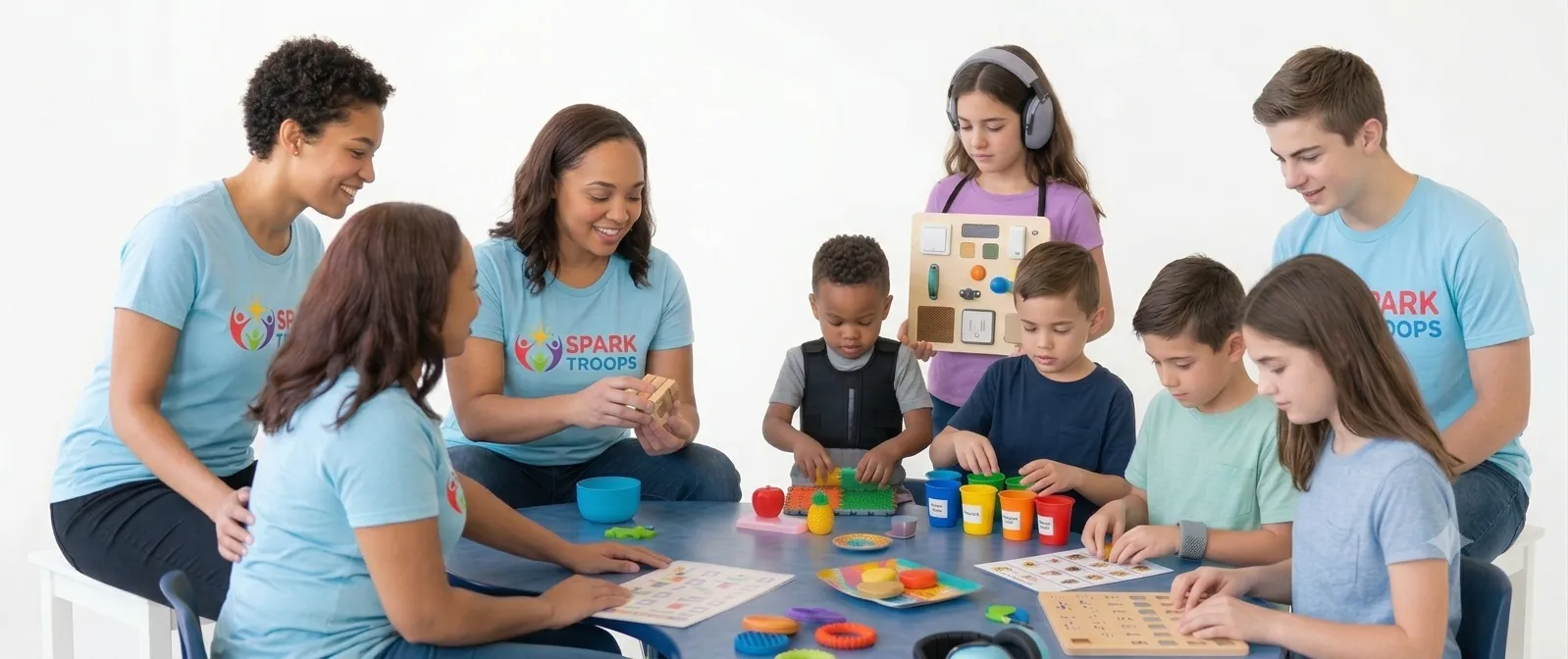 Volunteers and children around a troop session table with sensory toys, matching games, and a busy board